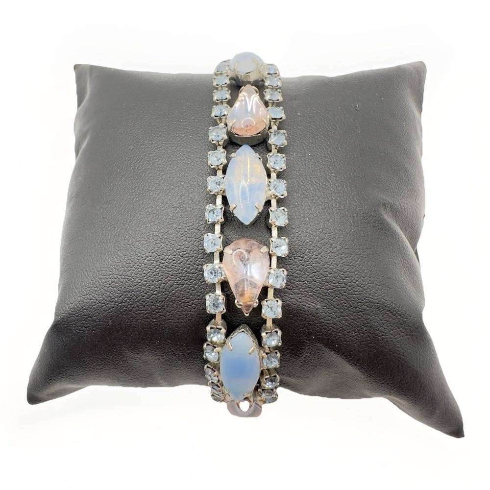 Vintage Rhinestone Bracelet Blue Givre & Pink Rhinestone Prong Set Silver Tone 7